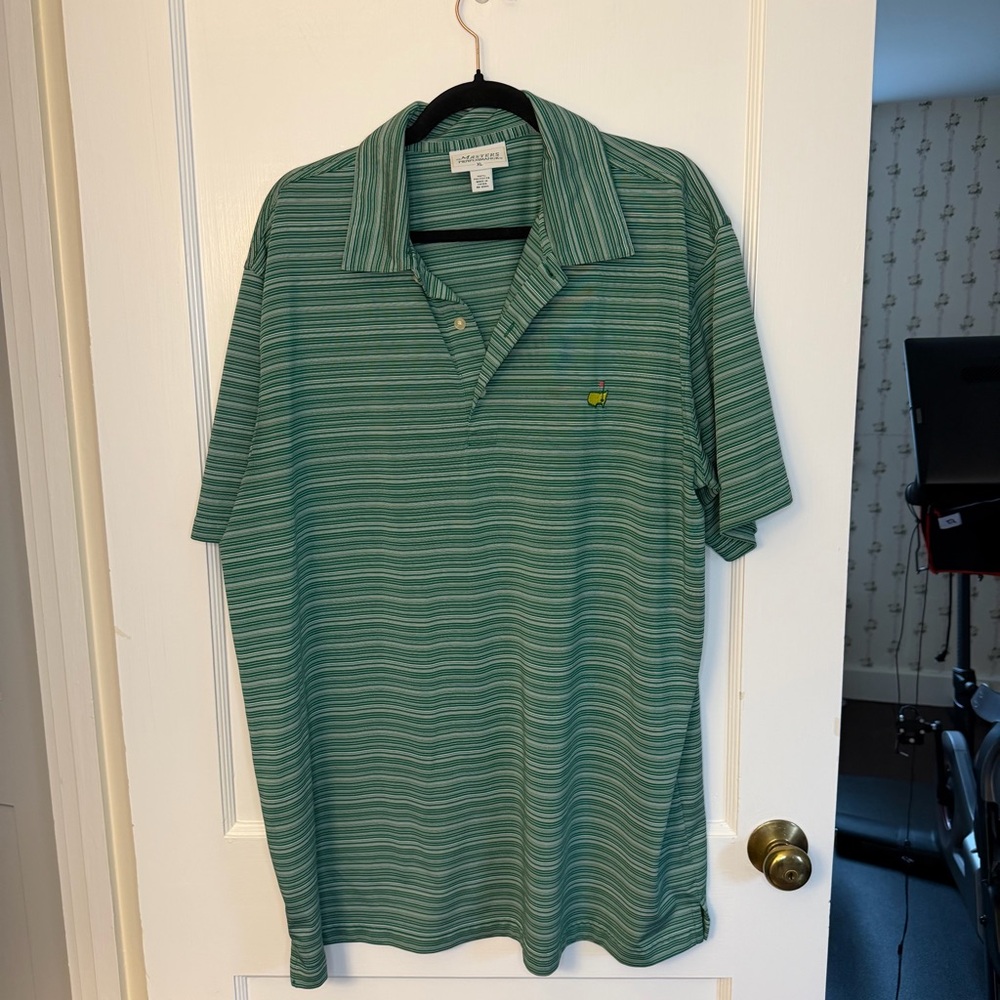 Greg Norman Collection Masters Logo Performance Green Striped Polo Size XL